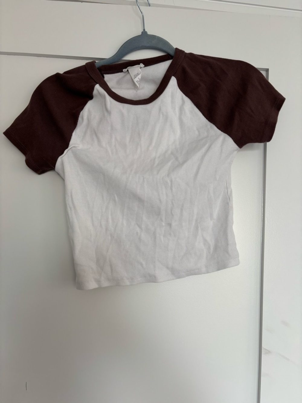 Full Tilt White Ribbed Crop Top with Brown Raglan Sleeves